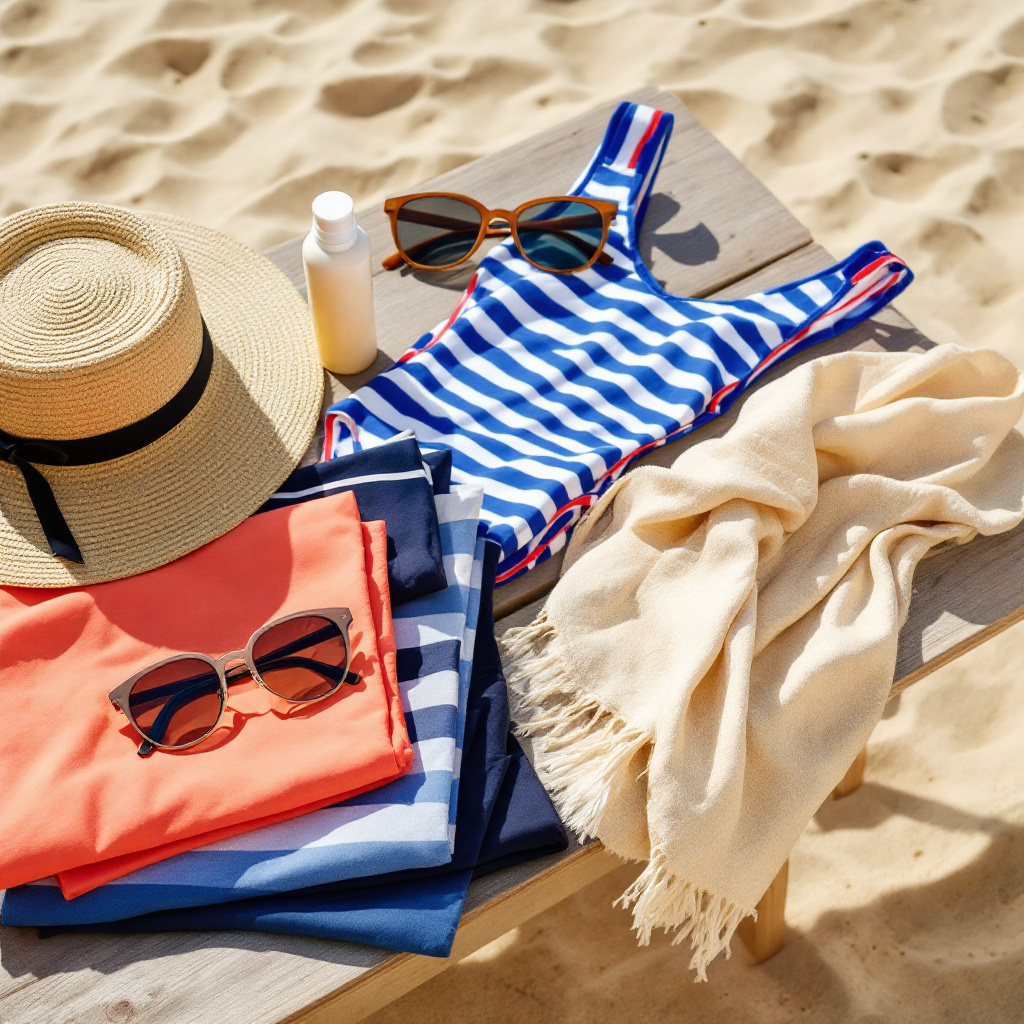 Sich mit Kurven im Bikini wohlfühlen – Bademode und Strandaccessoires auf einem Holztisch